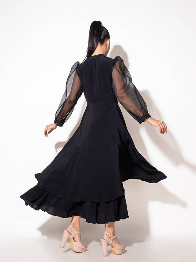 Double Layer Long Dress with Organza Sleeve