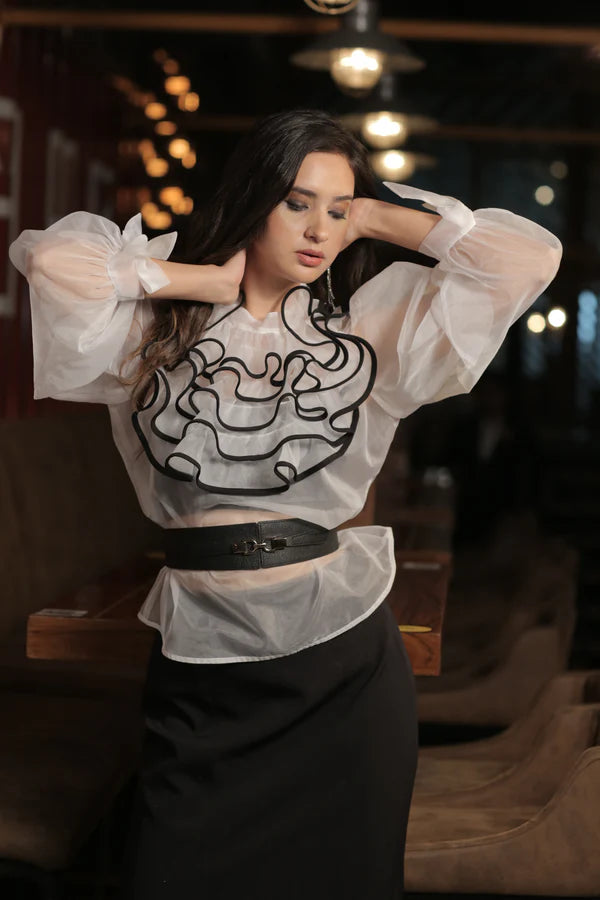 Lamina white sheer top & black skirt full set