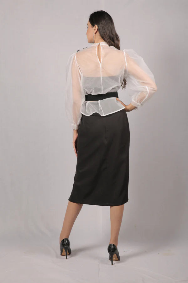 Lamina white sheer top & black skirt full set