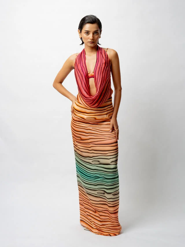 Multi-colored Satin Digital Printed Backless Dress