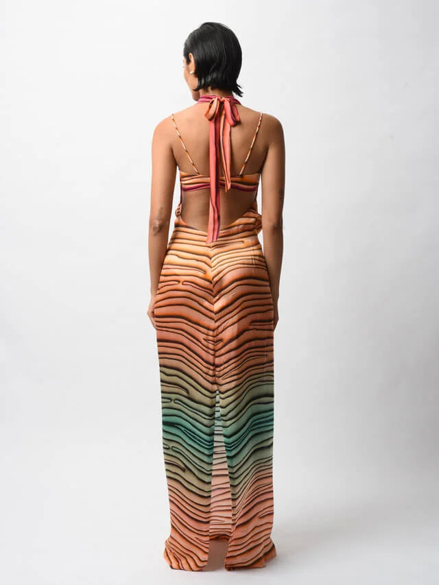 Multi-colored Satin Digital Printed Backless Dress