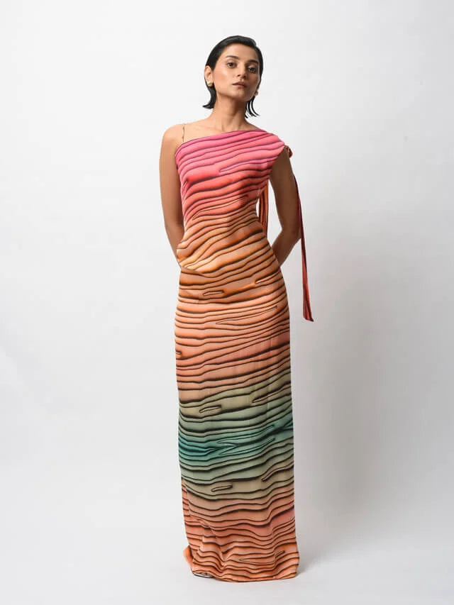 Multi-colored Satin Digital Printed Backless Dress