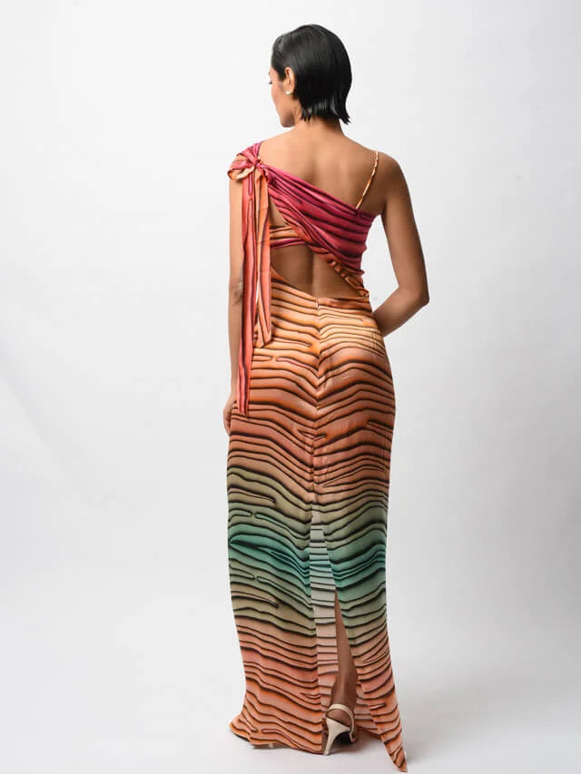 Multi-colored Satin Digital Printed Backless Dress