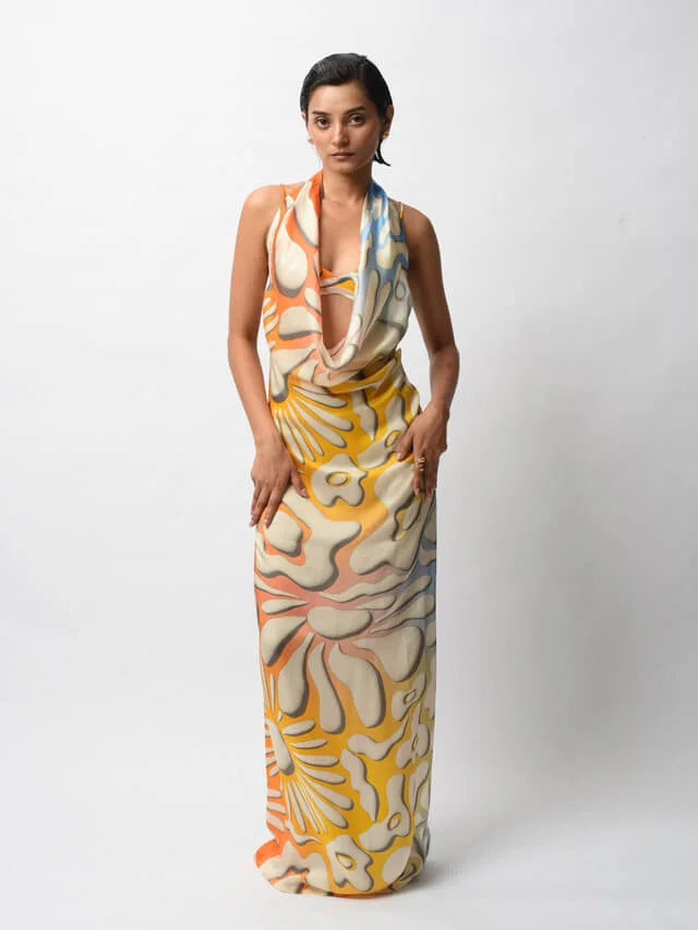 Multi-colored Satin Digital Printed Backless Dress_1