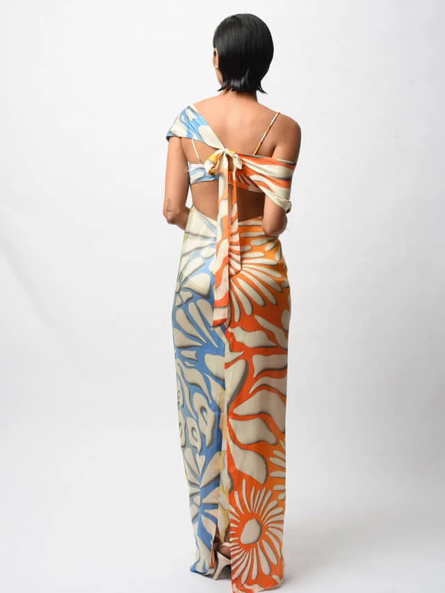 Multi-colored Satin Digital Printed Backless Dress_1