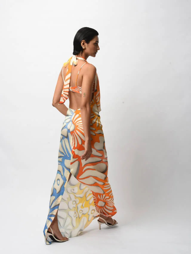 Multi-colored Satin Digital Printed Backless Dress_1