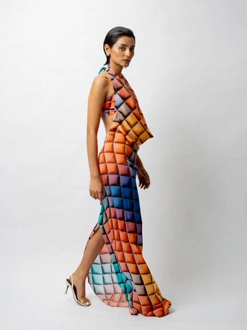 Multi-colored Satin Digital Printed Backless Dress_2