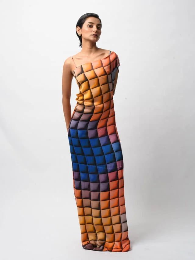 Multi-colored Satin Digital Printed Backless Dress_2