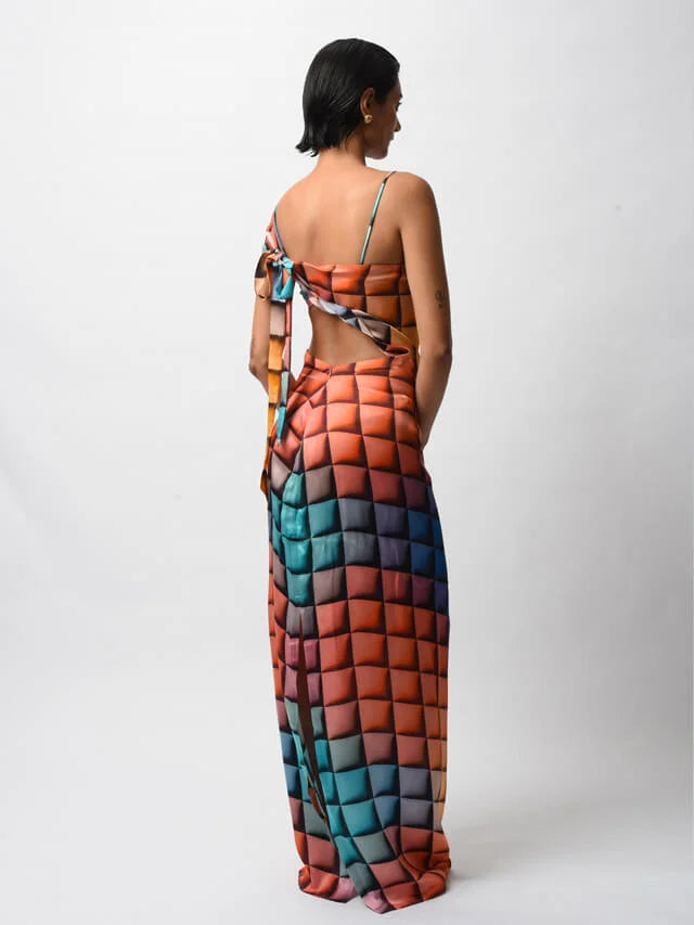 Multi-colored Satin Digital Printed Backless Dress_2