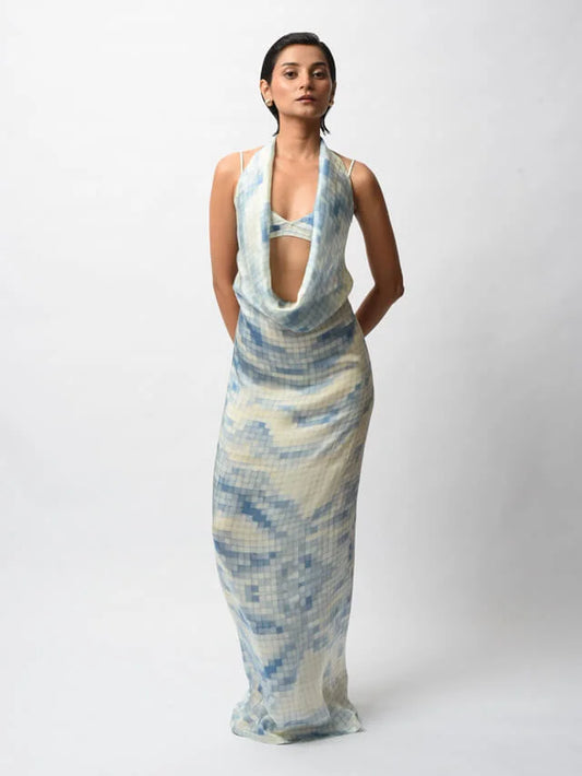 Blue Satin Digital Printed Backless Dress