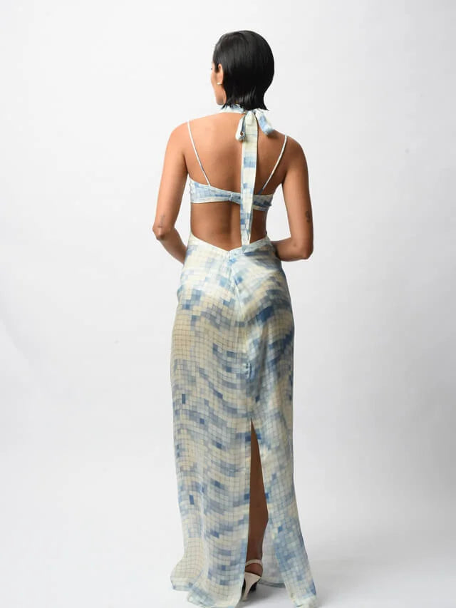 Blue Satin Digital Printed Backless Dress