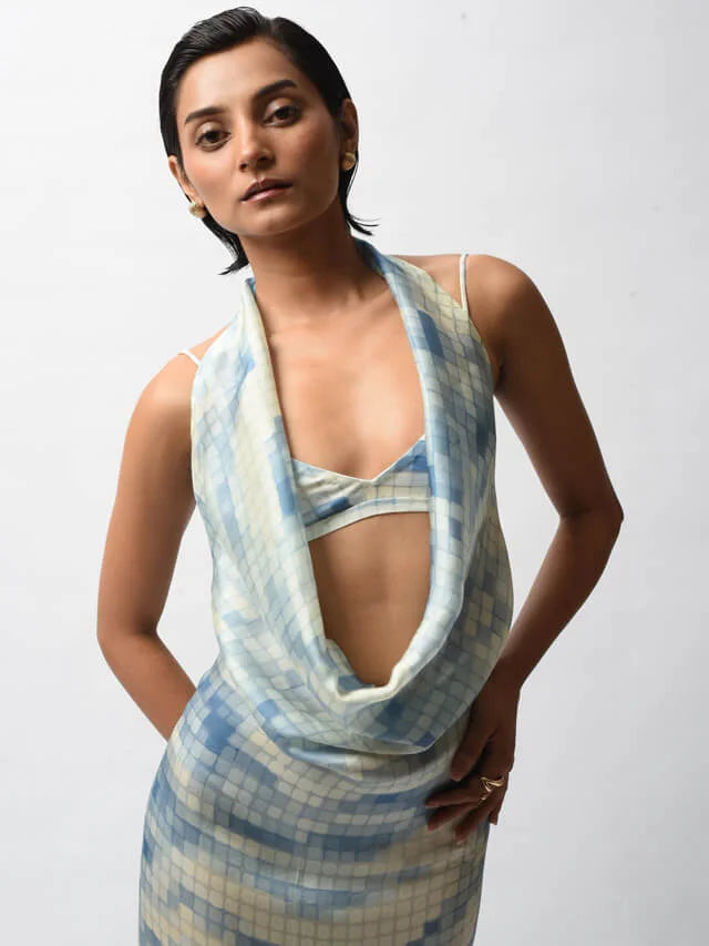 Blue Satin Digital Printed Backless Dress