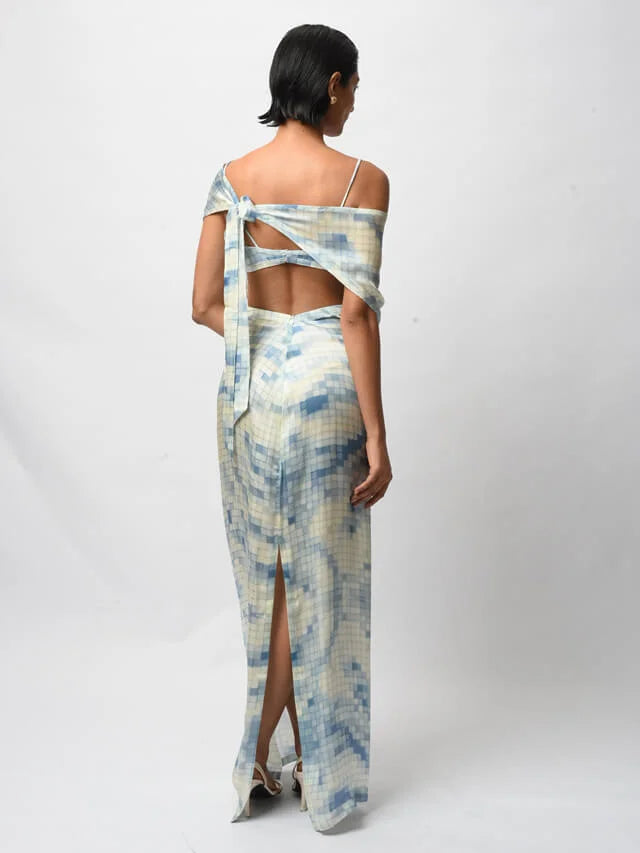 Blue Satin Digital Printed Backless Dress