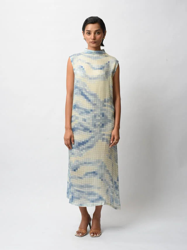 Blue Satin Digital Printed Dress