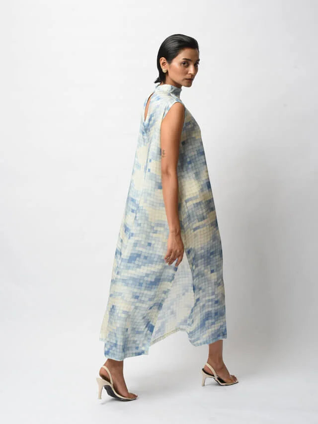 Blue Satin Digital Printed Dress